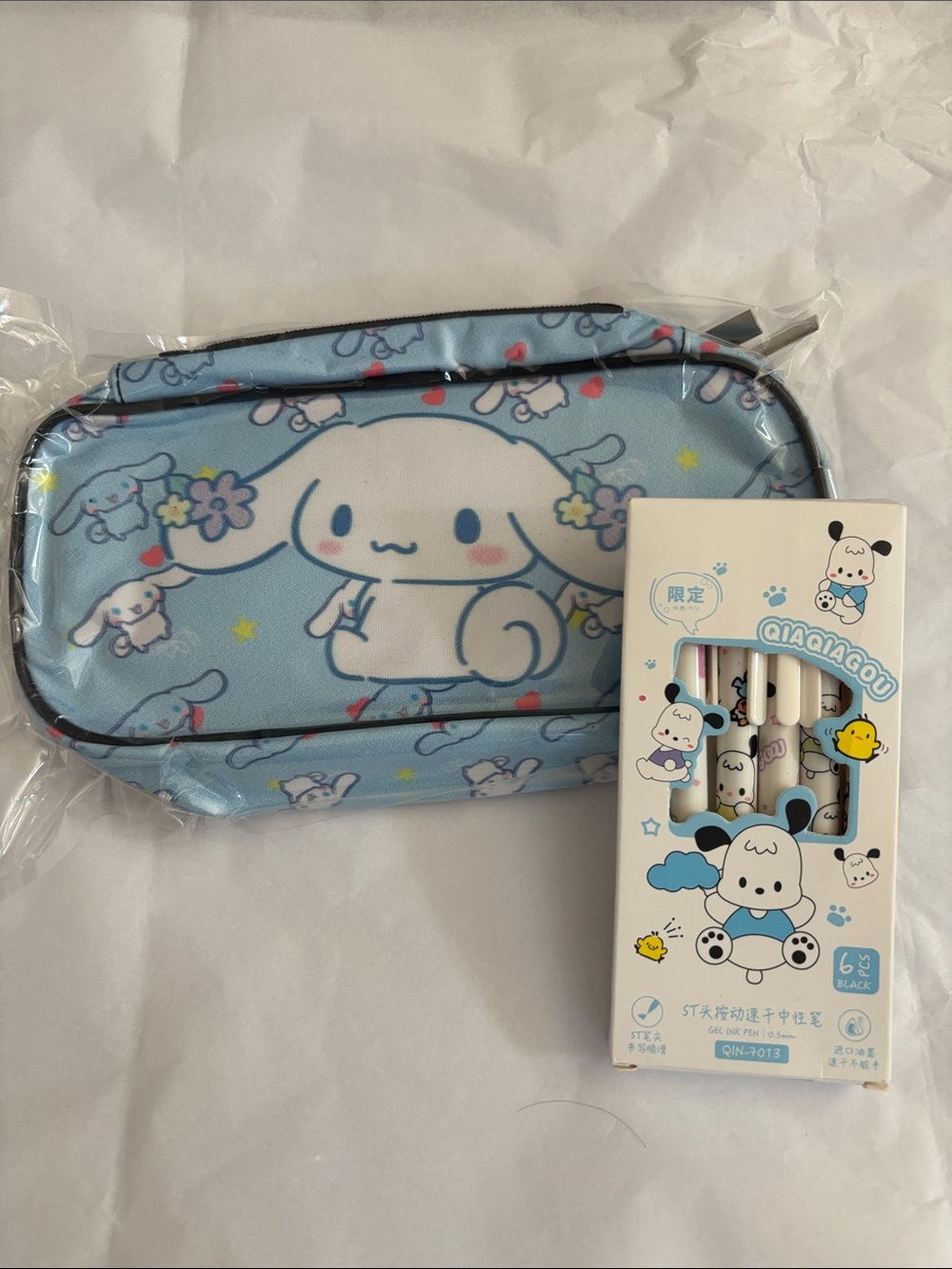 Cute Blue Kids Pencil Case and Pen Set with Character Print